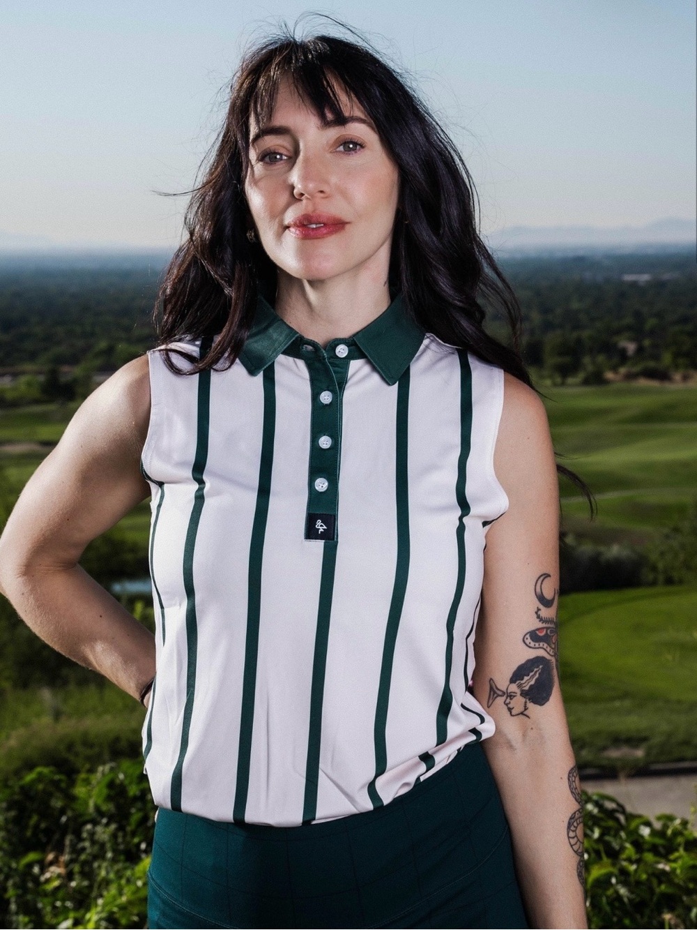 NWOT BYRDGANG Women’s Golf Polo- Dark green and cream striped